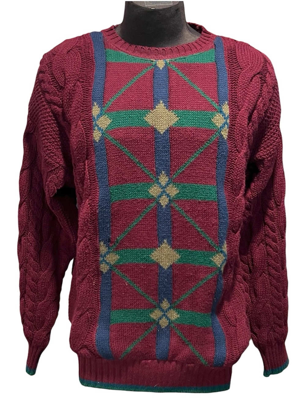 Vtg Lobo by Pendleton dark red knit sweater geometric green and blue Large
